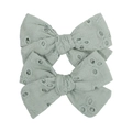 Pair of sage green floral embroidered cotton bow hair clips for girls in a simple style - Light Green Floral Embroidery Style (16)