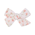 Detail of floral linen bow hair clip for kids featuring pink blossoms on cream fabric - Pink Floral Style (17)