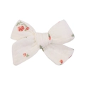 Linen bow hair clip featuring a cream floral pattern with pink roses and green leaves - Rose Floral Style (16)