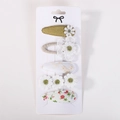 Detailed view of 5-piece floral baby hair clips with lace and embroidery on display card - 5E (5 Pcs/Pack)