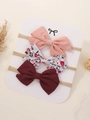 Ensemble de trois bandeaux pour bébé avec nœuds floraux et unis sur ruban en nylon - Style Floral Rose Bourgogne (3E)