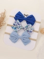 Détail de trois bandeaux à nœuds pour bébé présentés sur carte avec motifs floraux - Style Floral Bleu Marine Violet (3F)