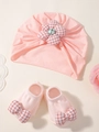 Rosa Baby Turban Mütze und Socken Set mit karierten Schleifen und Spitzen-Hintergrund - Rosa