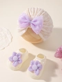 Conjunto de turbante de encaje y calcetines con flores para bebé en blanco y lila - Gorro de Encaje Blanco Roto con Calcetines de Flores Púrpura / Blanco Roto & Púrpura