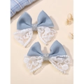 Set of two light blue and white lace bow hair clips with silver sequin accents - Light Blue (2A-3)