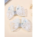 Pair of sweet lace bow hair clips in light blue floral fabric and silver glitter finish - Floral Blue (2A-5)