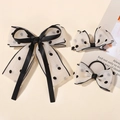 Three-piece set of white mesh bow hair clips and scrunchie with black velvet polka dots - Hair Accessory Set / Black Polka Dot (Set)