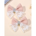 Set of two pink lace bow hair clips with floral embroidery and silver sequins - Pink (2A-2)