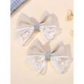 Beige fabric lace bow hair clips for girls with silver glitter accent and macaron tones - Beige (2A-4)