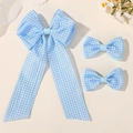 Set di 3 fiocchi per capelli a quadretti azzurri con nastro lungo e tessuto a coste - Gingham Celeste (3D)
