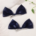 Pair of dark blue satin bow hair clips for girls featuring a classic ribbon design - Bow / Navy Blue