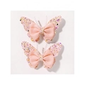 Pair of glittery pink butterfly hair clips with ribbed bows and beaded antennae decor - Pink (2A-8)