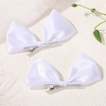 Pair of elegant white satin bow hair clips for girls with silver metal duckbill clips - Bow / White