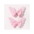 Pink glitter butterfly hair clips with ribbed grosgrain ribbon bow set for girls - 粉红色(2A-24)