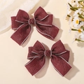Pair of wine red fabric bow hair clips with white stitched edges for girls - Wine Red (2A-11)