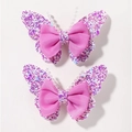 Pink ribbon bow hair clips with purple glitter butterfly wings for girls 2-piece set - Pink Purple
