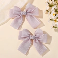 Sparkly lavender fabric bow hair clips with white piping edges for girls, set of two - Lavender (2A-7)