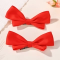 Set of two bright red satin bow hair clips for girls with silver metal flat clips - Red