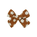 Barrette à cheveux nœud marron caramel avec broderies marguerites blanches en coton - Couleur caramel