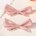 Pair of cute pink satin bow hair clips with silver crocodile clips for girls - Pink