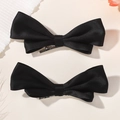 Pair of elegant black satin bow hair clips for girls with silver alligator metal grips - Black