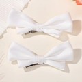 Set of two elegant white satin bow hair clips with metal duckbill clips for girls - White