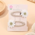 Set of two khaki woven oval hair clips with white 3D daisy flowers for girls - Style 2A-1