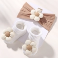 Set fascia per neonati marrone a coste e calzini bianchi con fiori 3D in tessuto - Marrone/Bianco (3D) / 3D (Set da 3 pezzi)