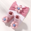 Set fascia e calze per neonati in maglia a coste con fiore 3D in colore rosa antico - Rosa Scuro (3F) / 3F (Set da 3 pezzi)