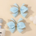 Light blue grosgrain ribbon hair bows with gold glitter accents for girls, set of 2 - Light Blue