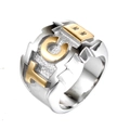 Retro stainless steel TCB ring for men featuring gold lightning bolt details on silver band - US 7 / Two-tone (Gold & Silver)