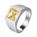Men's wide stainless steel signet ring with a large square yellow gemstone on white background - US 7 / Yellow Rhinestone
