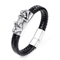 Braided black leather bracelet featuring a silver metal skull in punk gothic style - Skeleton Style / Black