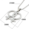 Detailed dimensions of silver stainless steel double Venus symbol pendant on ball chain - Double Venus Pendant with Ball Chain