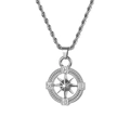 Detailed view of stainless steel compass pendant with star motif and rope chain - Rope Chain Necklace / Silver