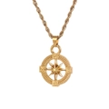 Macro detail of golden compass pendant with North East South West markers on rope chain - Rope Chain Necklace / Gold
