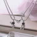 Silver magnetic astronaut couple necklaces with interlocking heart charm for lovers - Heart Spaceman Pair