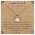 Golden mustard seed necklace with mountain pendant on vintage kraft paper gift card - Shell Circle - Gold