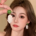 Long layered earrings featuring green studs and white translucent petal-like resin discs - E2471 White / 925 Silver Needle
