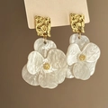 Vintage gold textured metal stud earrings featuring elegant white floral petal drops - E2565 White / 925 Silver Needle