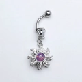 Navel ring in silver finish featuring a purple opal pendant with sunburst cubic zirconia - Style 37-Silver Sun Purple Opal Dangle