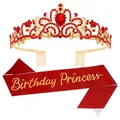 Set tiara dorata Birthday Princess con cristalli rossi e fascia glitterata per festa - Set Principessa Rosso