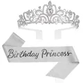 Detailed view of silver birthday princess tiara and glitter sash party accessories set - Silver Princess Set