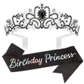 Detailed view of silver alloy crown with black rhinestones and birthday princess sash - Black And White Princess Set