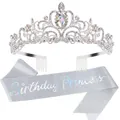 Silver rhinestone birthday crown with matching glitter sash featuring princess text - AB Rhinestone Princess Set
