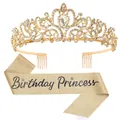 Set Birthday Princess con tiara in cristallo dorato e fascia glitterata coordinata - Set Principessa Oro Chiaro