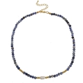 Detailed view of handmade necklace with blue agate beads, white pearl and golden clasp - Blue Spot Stone Necklace
