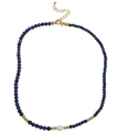 Detailed close-up of beaded necklace with blue stones, gold spacers and a baroque pearl - Natural Lapis Lazuli Necklace