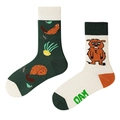 Mismatched mid-calf socks with cute cartoon beaver jacquard in dark green and beige - One Size / Beaver Story