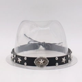 Vintage black leather hat band featuring silver star rivets and an ornate buckle - One Size / Pentagram Rhombus